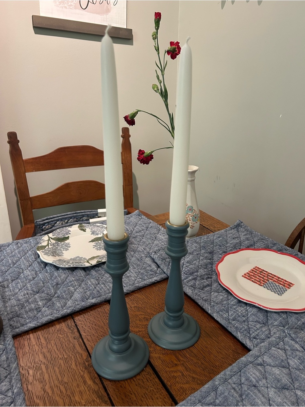 Blue Wood Taper Candle Holders - set of 2
